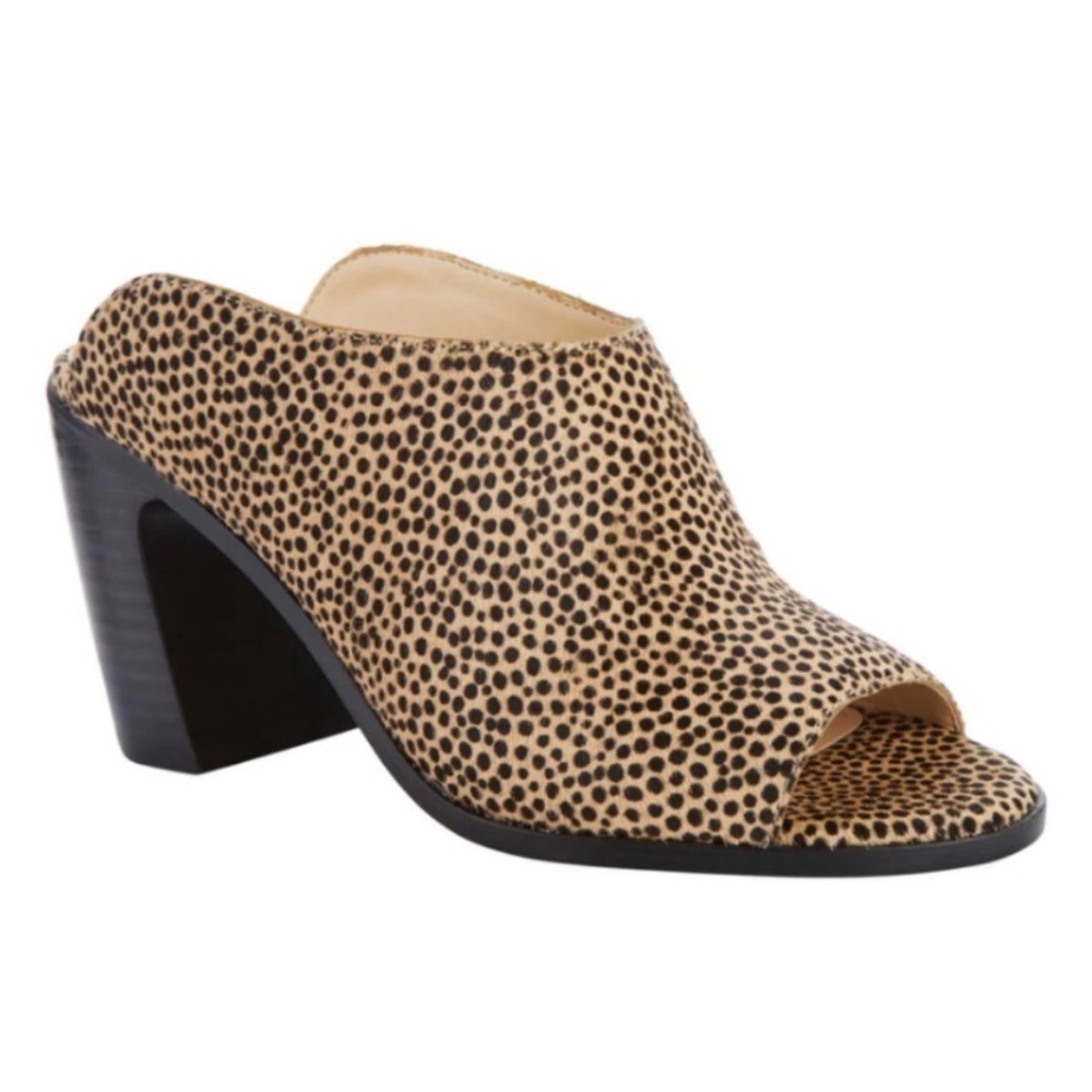 Vince Camuto Animal Print Calf Hair Open Toe Block Heel Mules Tan Black Size 9